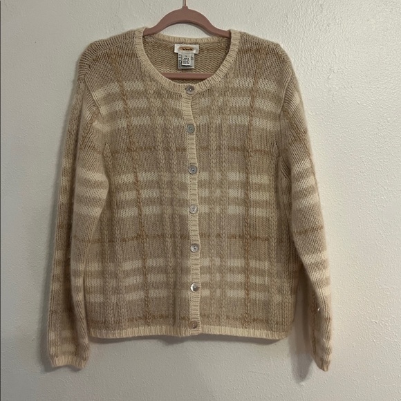 Talbots Size L Wool/ Angora Cream/Tan/Beige Classic Luxury Plaid Knit Sweater - Picture 1 of 9